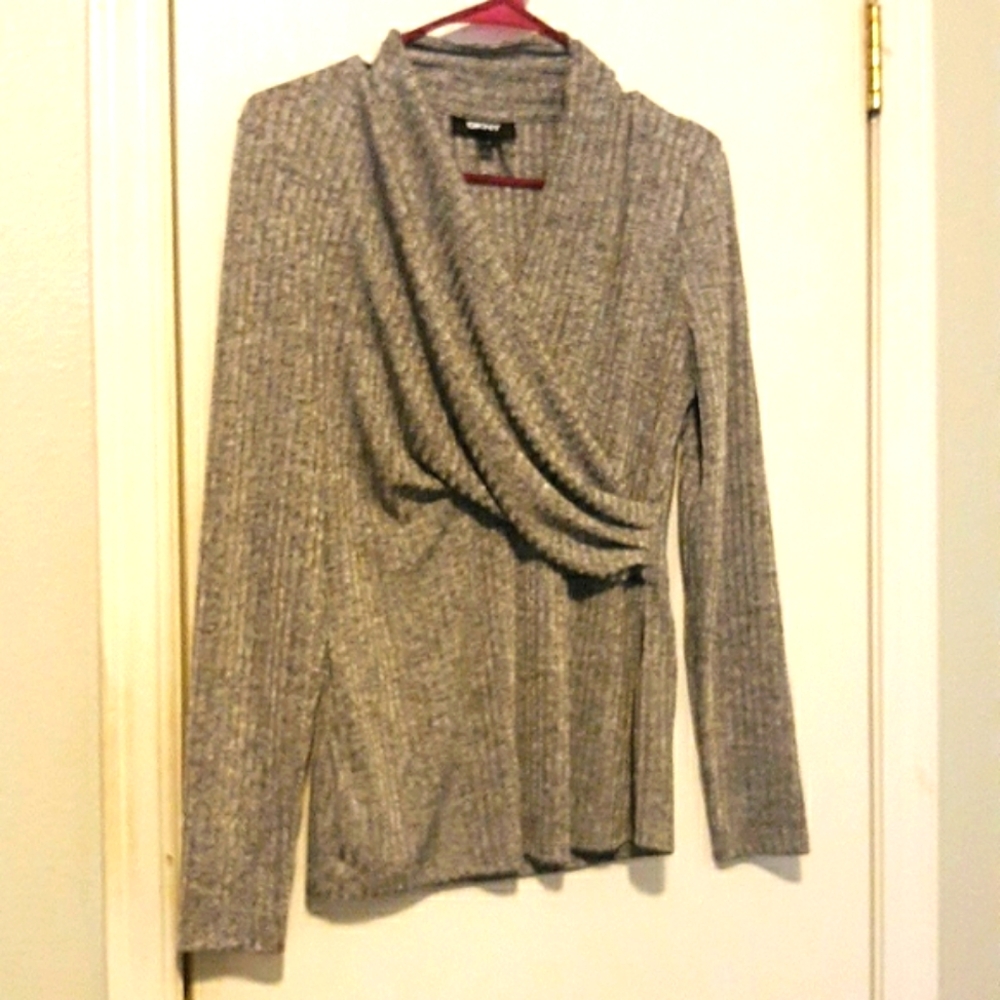 DKNY Gray V-neck Front Wrap Long Sleeve Pullover Top sz S